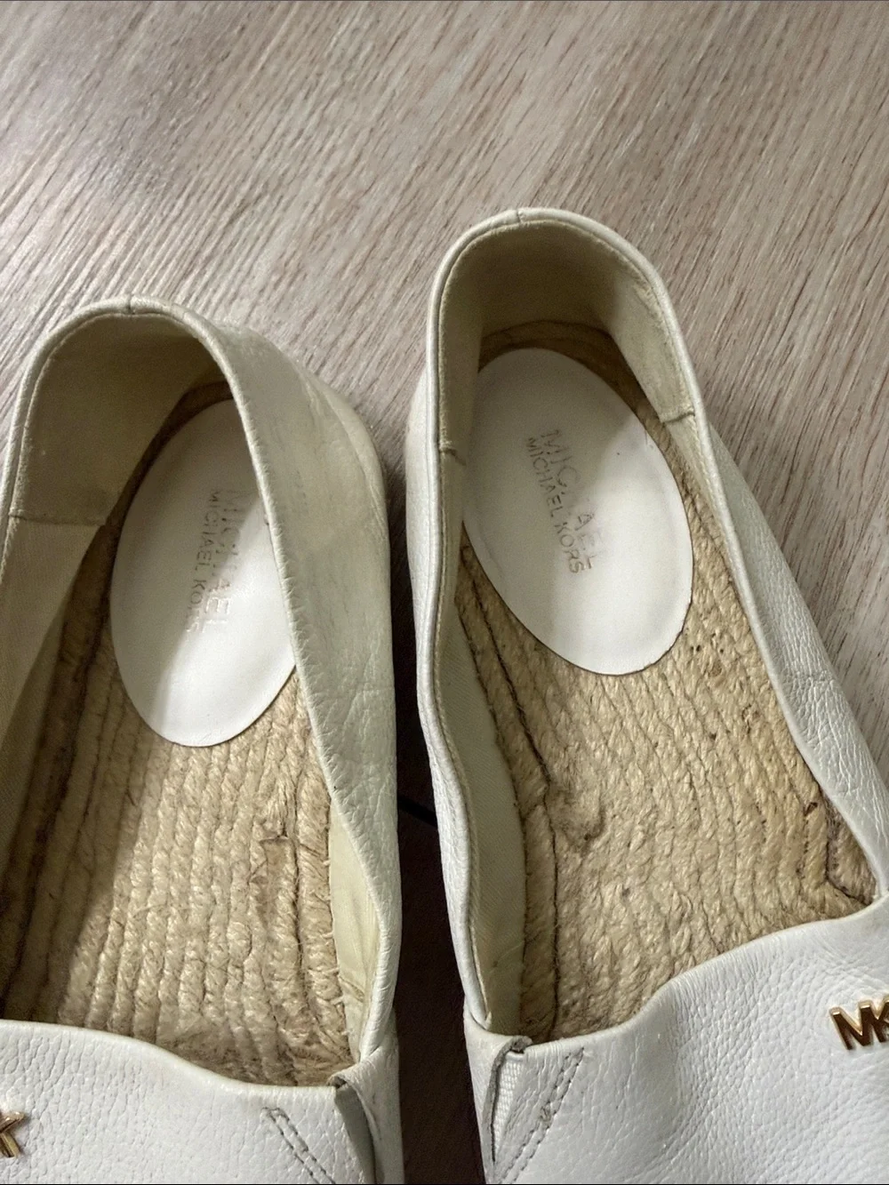 Michael Kors Cream Leather Espadrille Flats with Gold MK Accent
